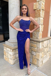 Mermaid Royal Blue Prom Dress Strapless Long Evening Dress With Slit