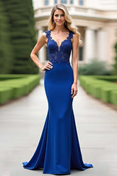 Mermaid Royal Blue Wedding Guest Dress V-Neck Long Formal Dress With Appliques