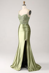 Mermaid Sage Prom Dress Spaghetti Straps Lace up Back Evening Dress With Slit
