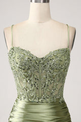 Mermaid Sage Prom Dress Spaghetti Straps Lace up Back Evening Dress With Slit