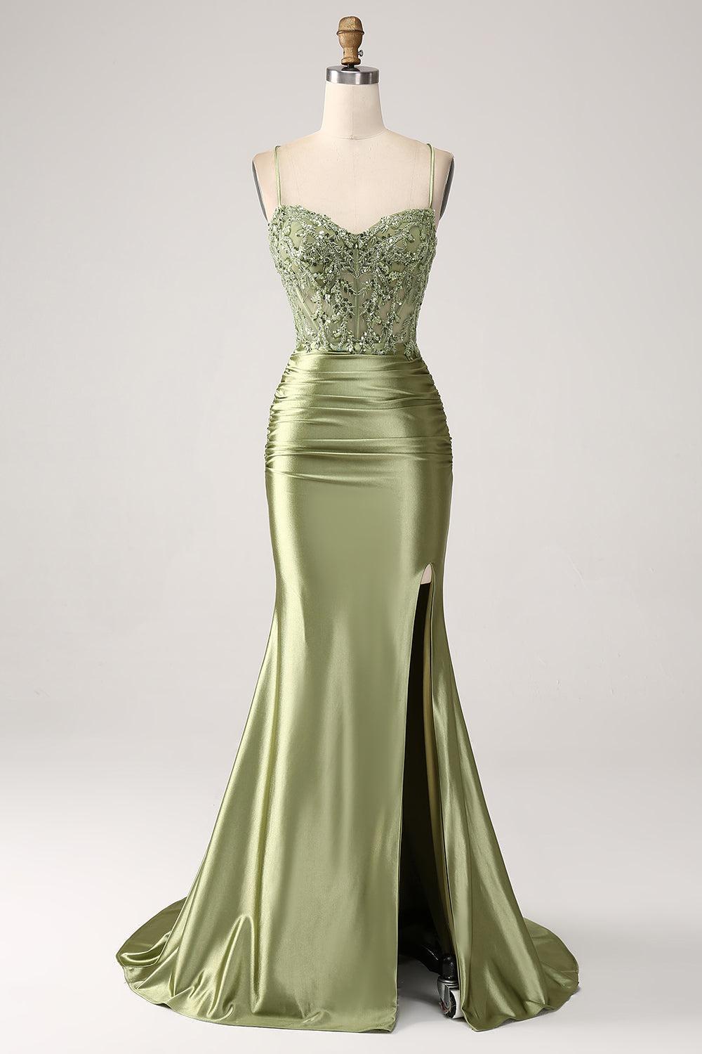 Mermaid Sage Prom Dress Spaghetti Straps Lace up Back Evening Dress With Slit