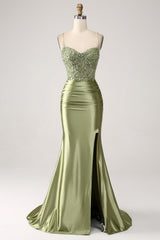 Mermaid Sage Prom Dress Spaghetti Straps Lace up Back Evening Dress With Slit