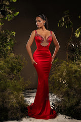 Mermaid Satin Off The Shoulder Sleeveless Red Prom Dress Formal Dress With Rhinestone