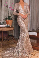 Mermaid Sequin V-neck Sweep Train Long Sleeve Formal Dresses