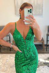 Mermaid Spaghetti Straps Green Prom Dress Sequined Backless Long Evening Dress