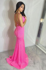 Mermaid Spaghetti Straps Hot Pink Prom Dress Long Evening Dress with Split Front