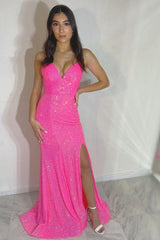 Mermaid Spaghetti Straps Hot Pink Prom Dress Long Evening Dress with Split Front