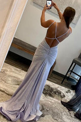 Mermaid Spaghetti Straps Lilac Prom Dress Sequined Long Evening Dress