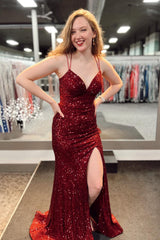 Mermaid Spaghetti Straps Orange Prom Dress Sequined Long Evening Dress with Split Front