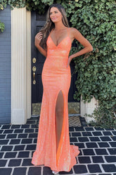Mermaid Spaghetti Straps Orange Prom Dress Sequined Long Evening Dress with Split Front