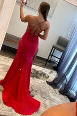 Mermaid Spaghetti Straps Red Prom Dress Long Evening Dress with Criss Cross Back