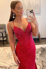 Mermaid Spaghetti Straps Red Prom Dress Long Evening Dress with Criss Cross Back