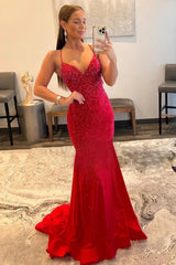 Mermaid Spaghetti Straps Red Prom Dress Long Evening Dress with Criss Cross Back