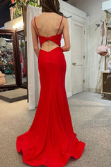 Mermaid Spaghetti Straps Red Prom Dress Long Evening Dress with Split Front