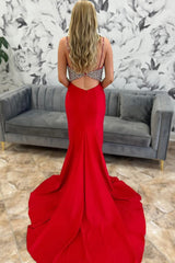 Mermaid Spaghetti Straps Red Prom Dress Long Formal Dress With Slit