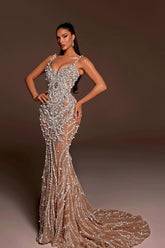 Mermaid Spaghetti Straps Wedding Dress Beaded Tulle Bridal Gown