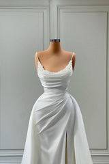 Mermaid Spaghetti Straps Wedding Dress Floor Length Sleeveless High Split Bridal Gown With Side Train
