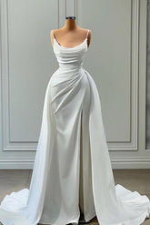 Mermaid Spaghetti Straps Wedding Dress Floor Length Sleeveless High Split Bridal Gown With Side Train