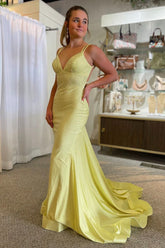 Mermaid Spaghetti Straps Yellow Prom Dress Sequined Long Evening Dress