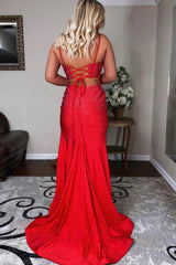 Mermaid Spaghettti Straps Red Prom Dress Sequined Long Evening Dress with Split Front