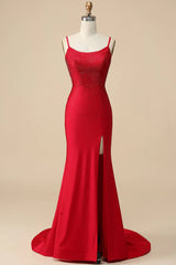 Mermaid Spaghettti Straps Red Prom Dress Sequined Long Evening Dress with Split Front