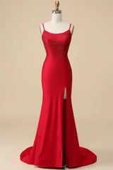 Mermaid Spaghettti Straps Red Prom Dress Sequined Long Evening Dress with Split Front