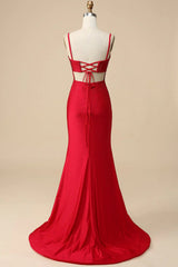 Mermaid Spaghettti Straps Red Prom Dress Sequined Long Evening Dress with Split Front