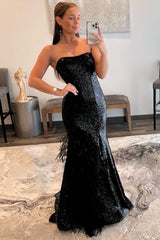 Mermaid Strapless Black Prom Dress Sequined Long Evening Dress with Feather