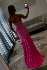 Mermaid Strapless Hot Pink Long Prom Dress With Beading Split Front Formal Evening Gown