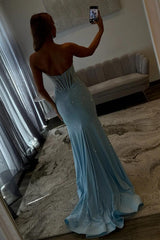 Mermaid Strapless Light Blue Corset Prom Dress With Beading Formal Evening Gown