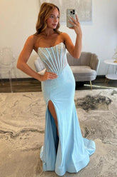 Mermaid Strapless Light Blue Corset Prom Dress With Beading Formal Evening Gown