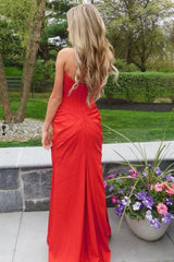 Mermaid Strapless Red Prom Dress Corset Evening Dress with Slit
