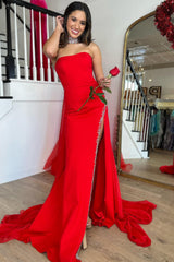 Mermaid Strapless Red Prom Dress Long Evening Dress with Slit