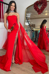 Mermaid Strapless Red Prom Dress Long Evening Dress with Slit