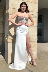 Mermaid Sweetheart Beaded Ivory Prom Dress Corset Evening Dress with Slit