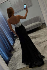 Black & Silver Strapless Structured Corset Top Beading Prom Dress With High Slit Formal Evening Gown