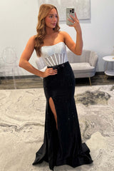 Black & Silver Strapless Structured Corset Top Beading Prom Dress With High Slit Formal Evening Gown