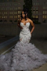Mermaid Sweetheart Prom Dress Ruffled Sleeveless Formal Evening Gown with Rhinestones and Beadings