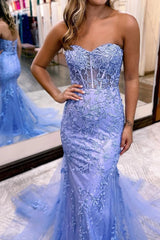 Mermaid Tulle Prom Dress Lace Up Long Formal Dress with Appliques