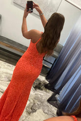 Mermaid V Neck Fuchsia Prom Dress Sequined Long Evening Dress