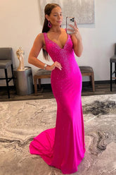 Mermaid V Neck Hot Pink Prom Dress Long Evening Dress with Beading