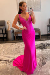 Mermaid V Neck Hot Pink Prom Dress Long Evening Dress with Beading
