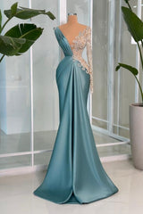 Mermaid V Neck Lace Rhinestones Satin Sleeve Formal Dress
