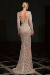 Dreamyannie Mermaid V Neck Sleeves Beaded Sequined Slit Tulle Formal Dress With Rhinestones
