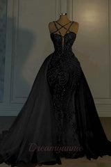 Mermaid V Neck Spaghetti Strap Heavy Bridal Gown With Beadings
