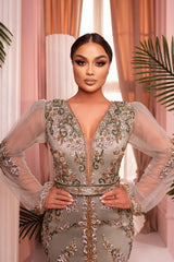 Mermaid V Neck Tulle Sleeves Embroidery Sweep Train Satin Formal Dress With Slit