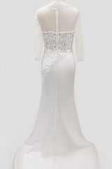 Trumpet Mermaid V Neck 3 4 Sleeves Lace Satin Wedding Dress With Beading Appliques Lace