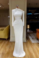 Mermaid Wedding Dress Long Sleeve Asymmetric Neck Satin Formal Dress