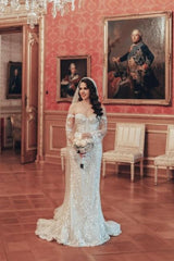 Mermaid Wedding Dress Off The Shoulder Lace Bridal Gown With Sleeves