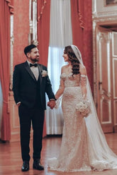 Mermaid Wedding Dress Off The Shoulder Lace Bridal Gown With Sleeves